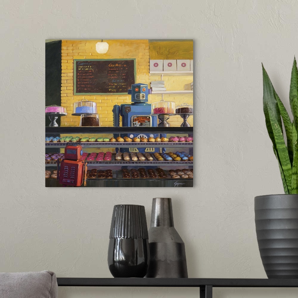 A modern room featuring A contemporary painting of a blue retro toy robot standing behind the counter of a donut shop whi...