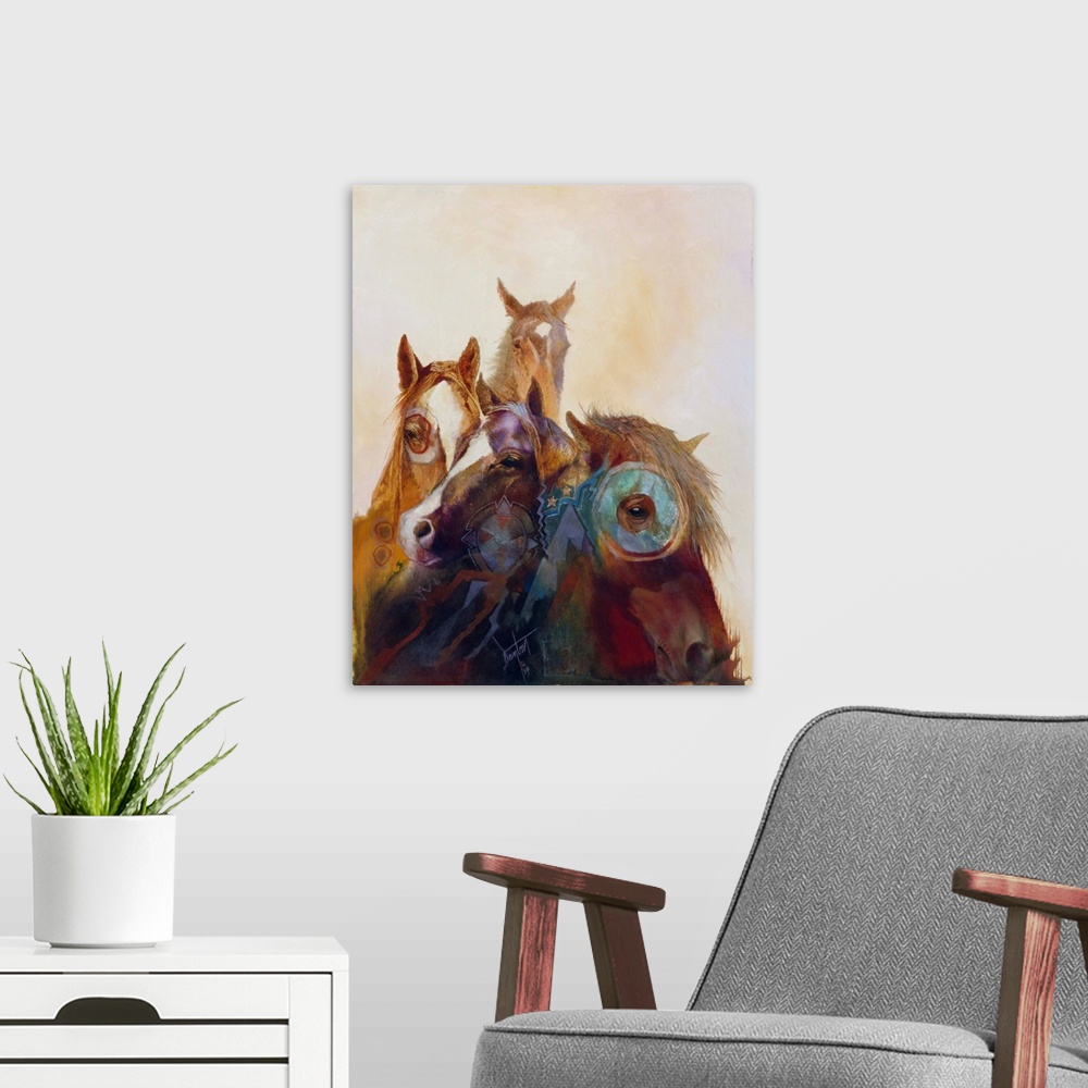 A modern room featuring Contemporary painting of wild horses painted in Native American regalia.