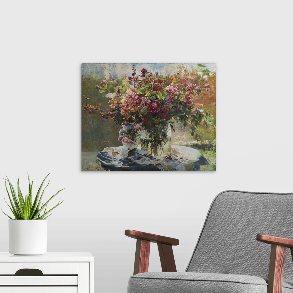 A modern room featuring Contemporary still-life painting of flowers.
