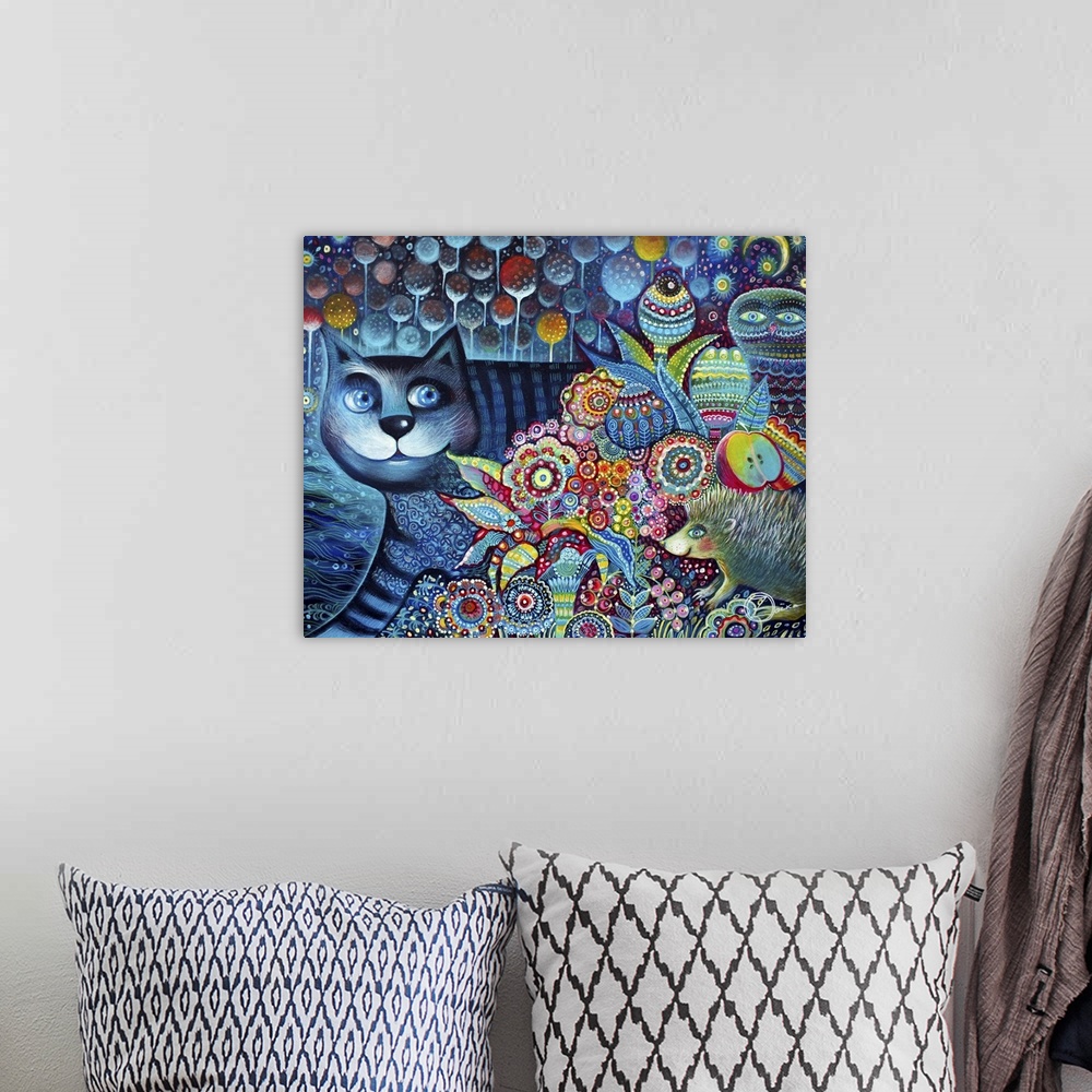 A bohemian room featuring Watercolor painting of a deep blue cat peeking out from behind a bush of colorful flowers.