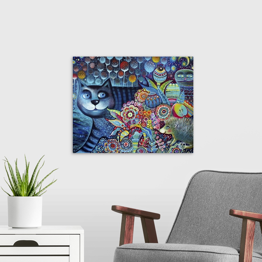 A modern room featuring Watercolor painting of a deep blue cat peeking out from behind a bush of colorful flowers.