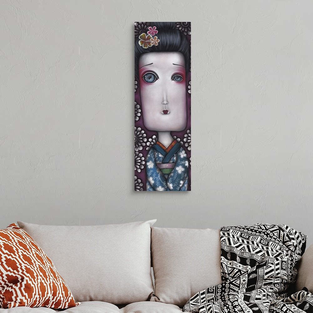 A bohemian room featuring Contemporary surreal painting of a geisha wearing a blue kimono with white flowers.