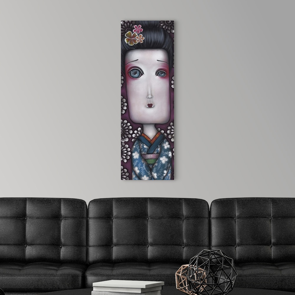 A modern room featuring Contemporary surreal painting of a geisha wearing a blue kimono with white flowers.