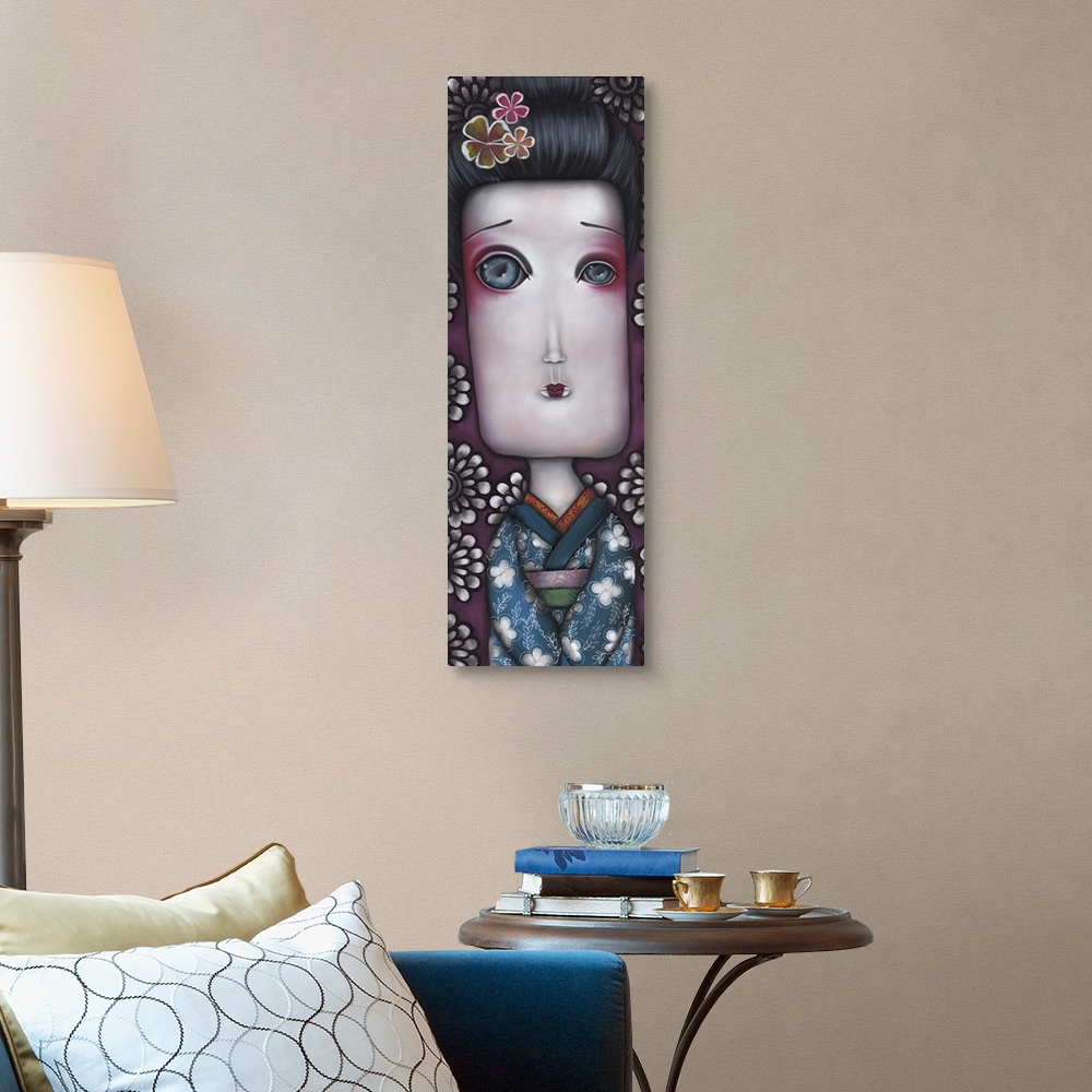 A traditional room featuring Contemporary surreal painting of a geisha wearing a blue kimono with white flowers.