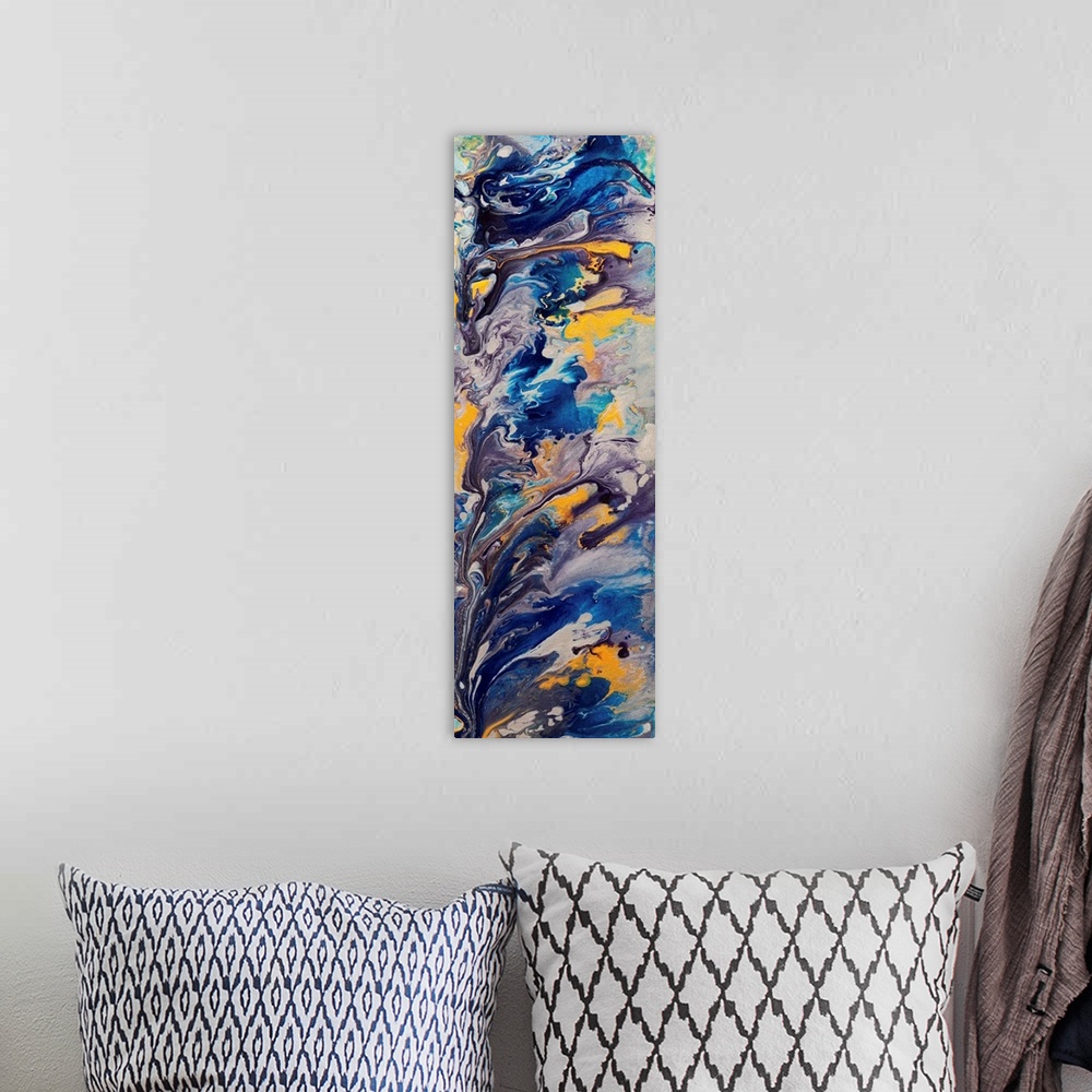 A bohemian room featuring A contemporary abstract painting using deep dark purples and blue tones with hints of yellow.