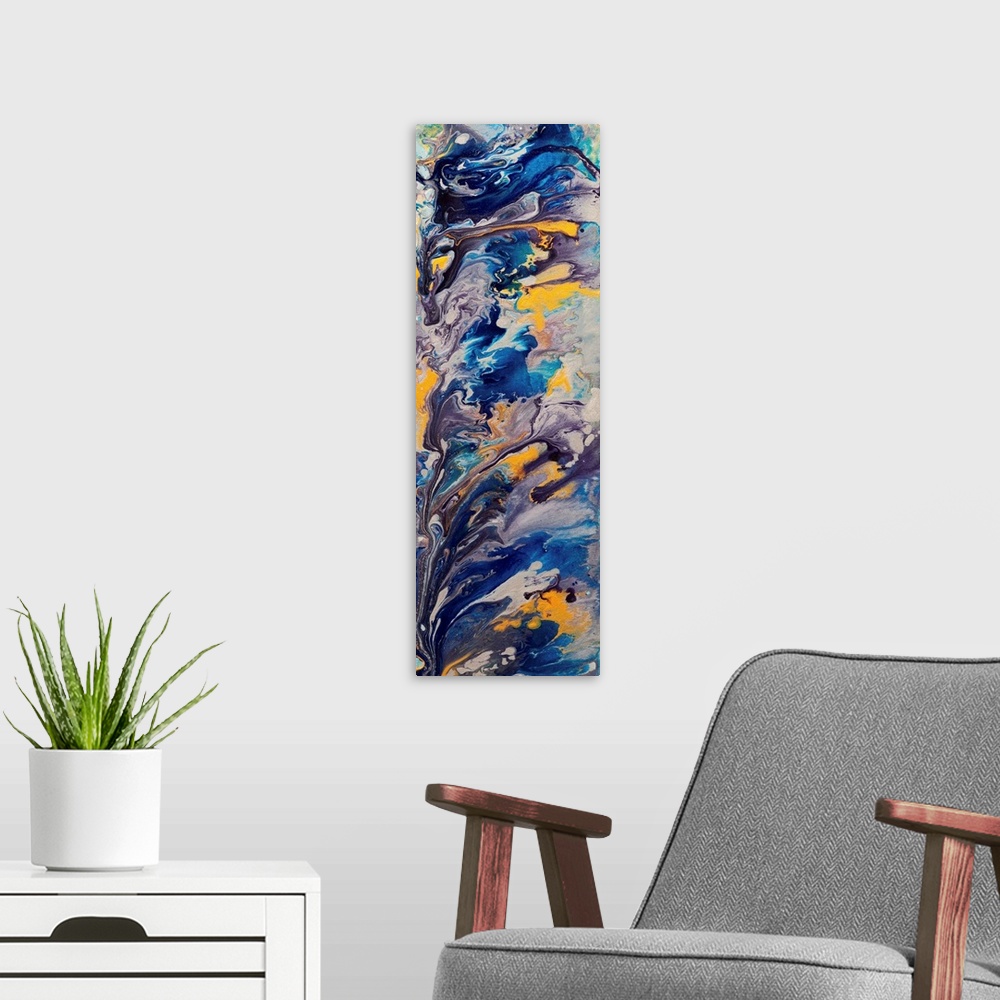 A modern room featuring A contemporary abstract painting using deep dark purples and blue tones with hints of yellow.