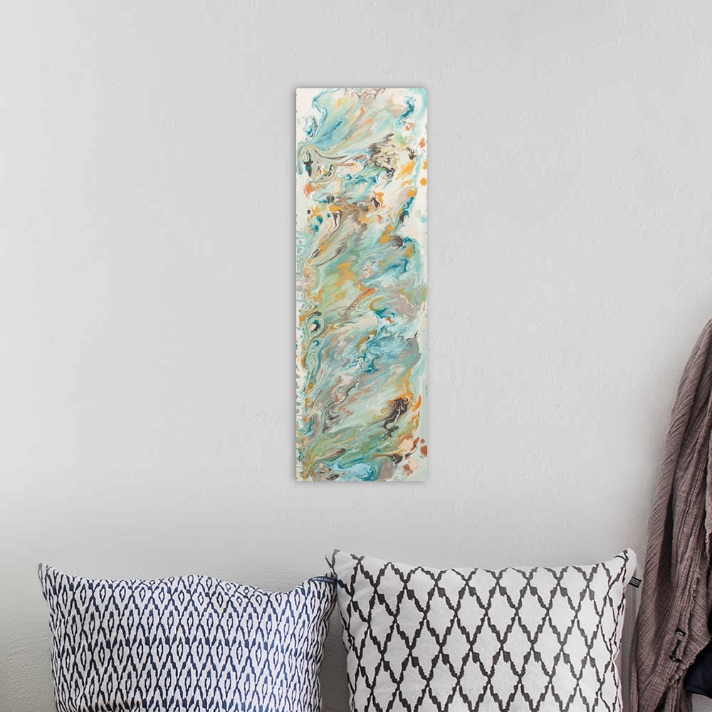 A bohemian room featuring A contemporary abstract painting using swirling movements of paint in muted tones.