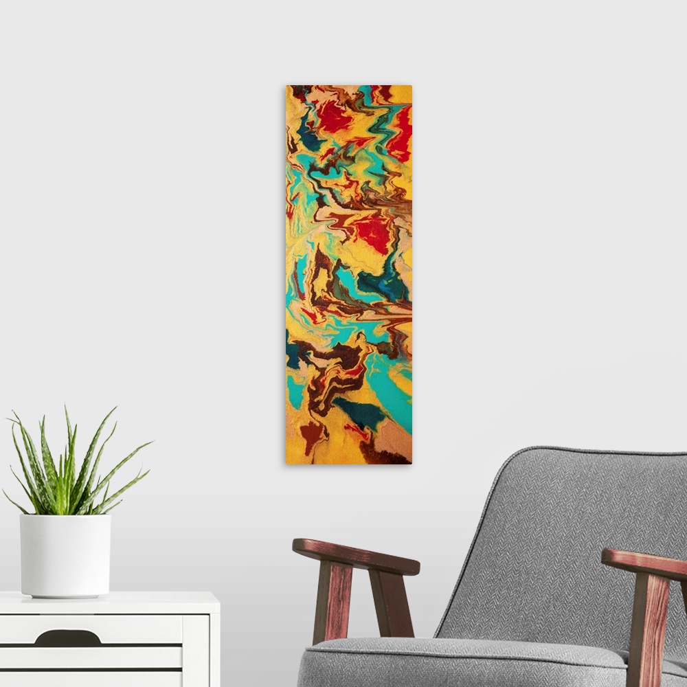 A modern room featuring Contemporary abstract painting in turquoise, brown, gold, and red.