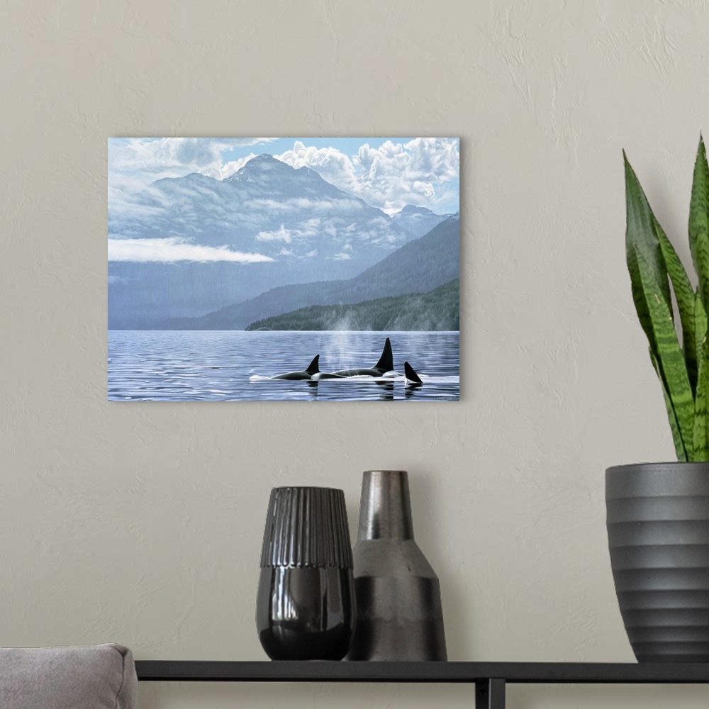 A modern room featuring Three orcas travel through the water just off shore.