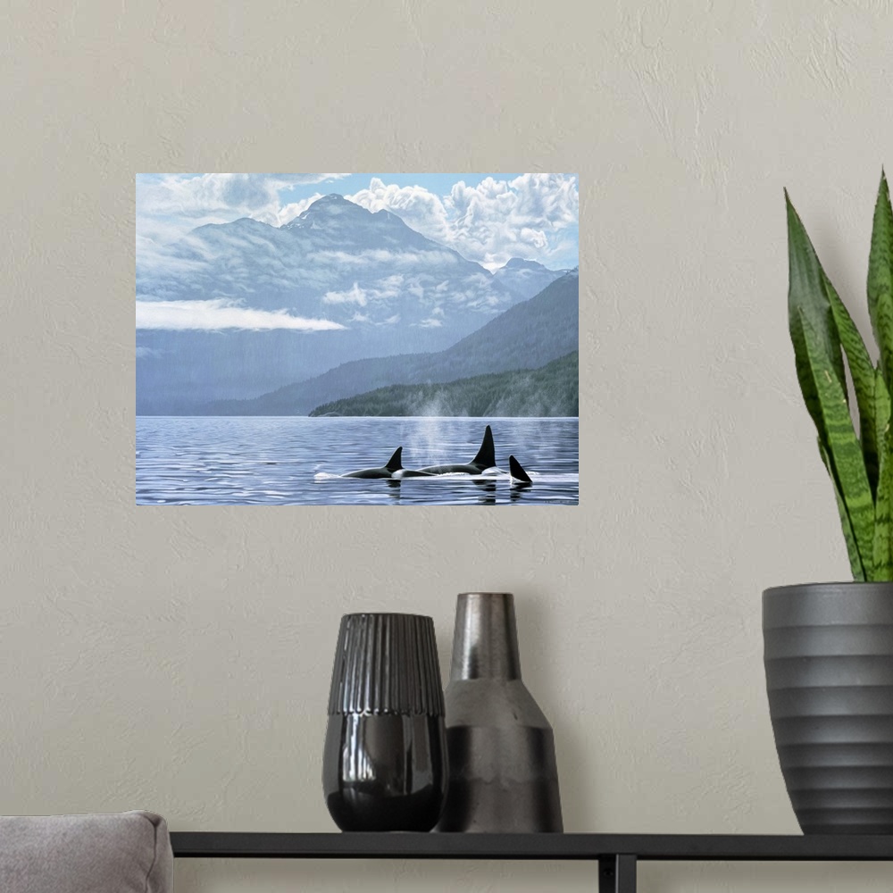 A modern room featuring Three orcas travel through the water just off shore.