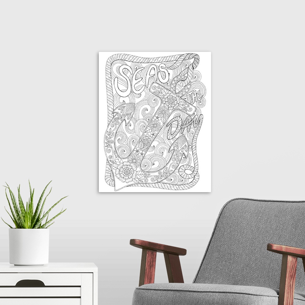 A modern room featuring Nautical themed contemporary line art of a floral patterned anchor with waves in the background a...