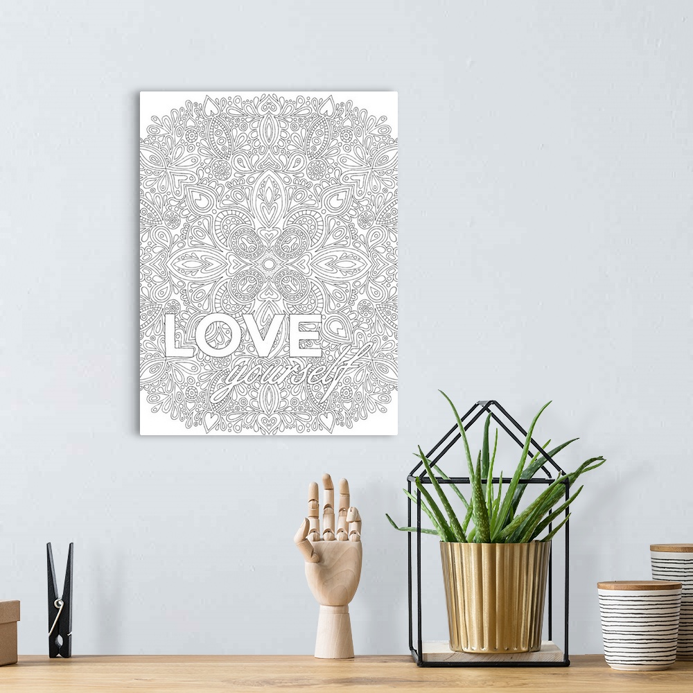 A bohemian room featuring Inspirational black and white line art with an intricately designed background and the phrase "Lo...