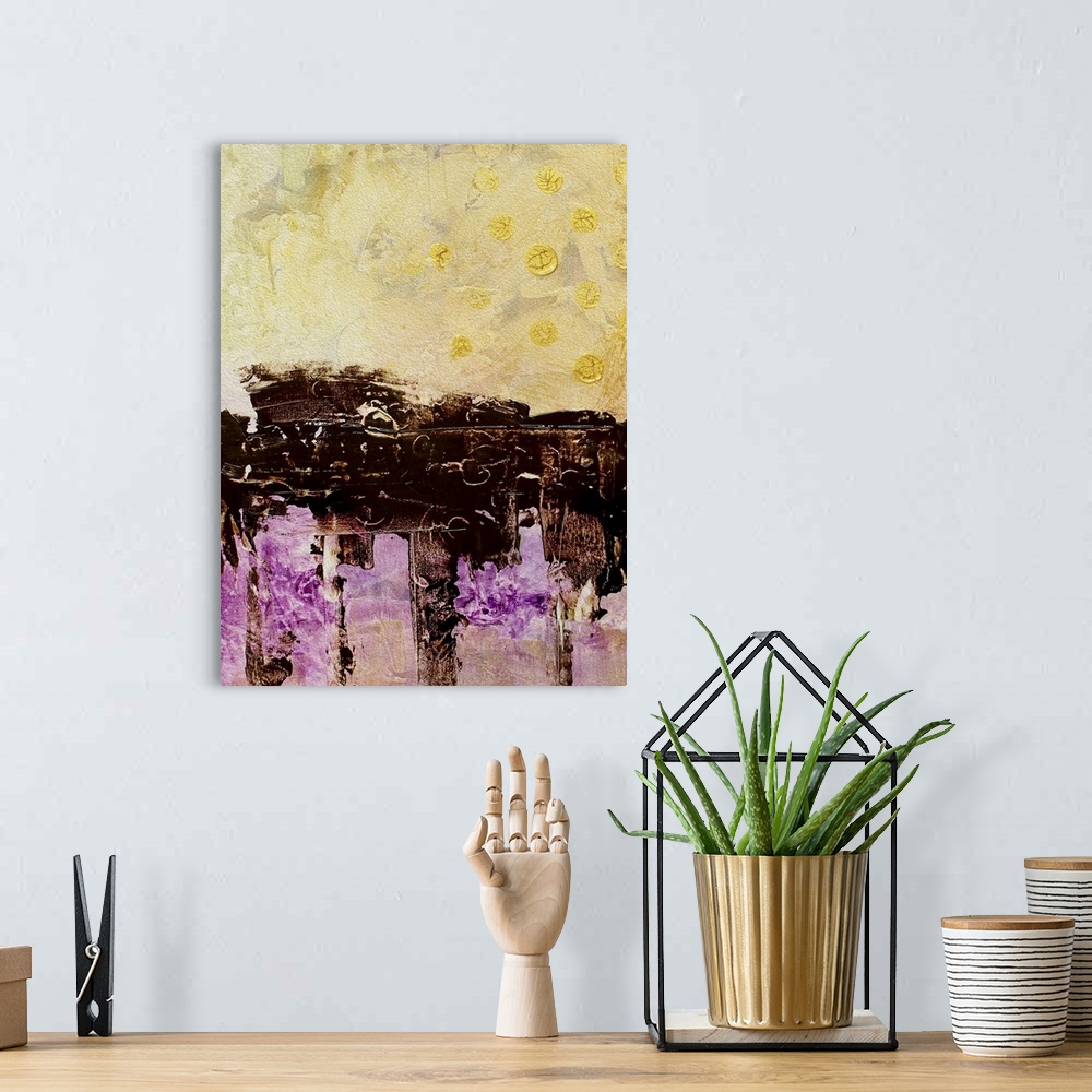 A bohemian room featuring Contemporary abstract artwork using dark colors.