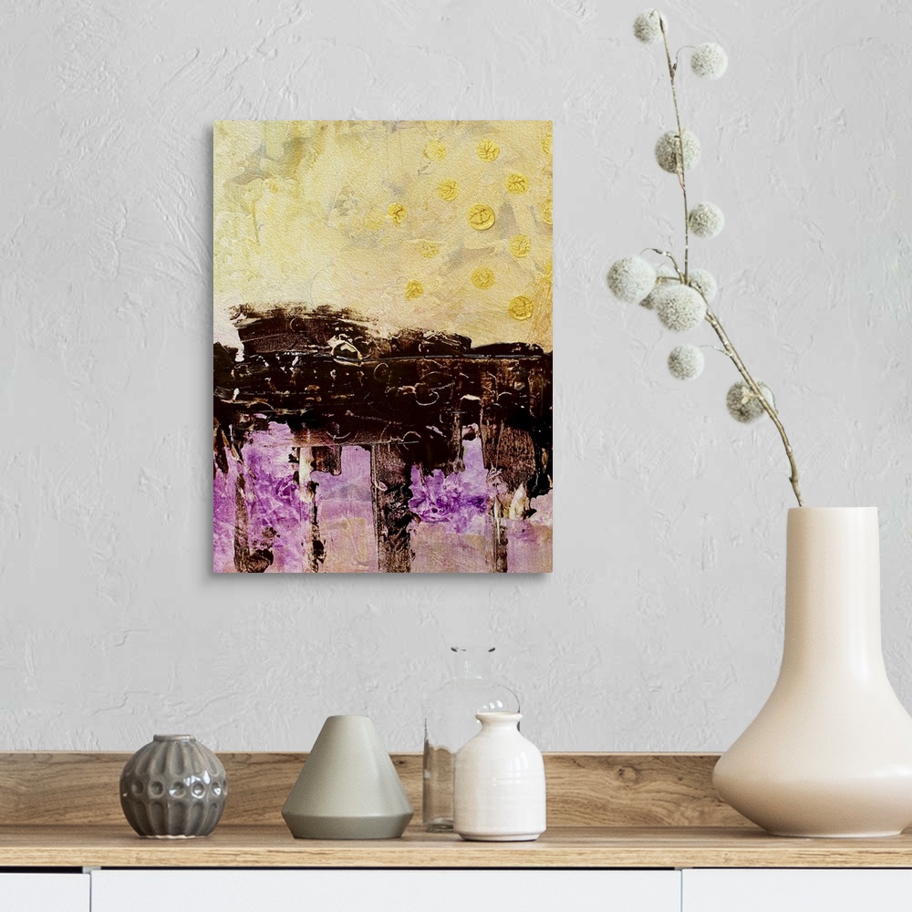 A farmhouse room featuring Contemporary abstract artwork using dark colors.