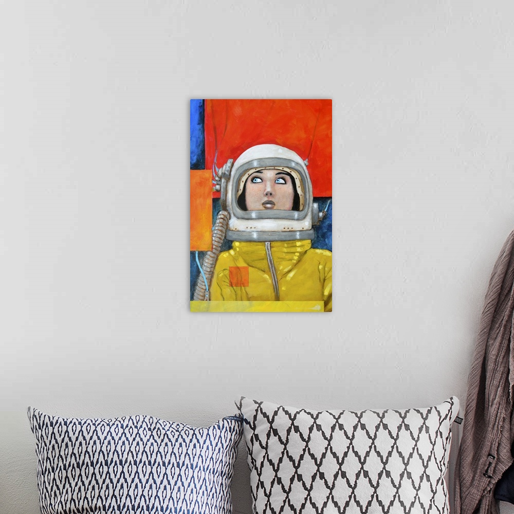 A bohemian room featuring Illustration of a woman wearing a retro space suit in primary colors.