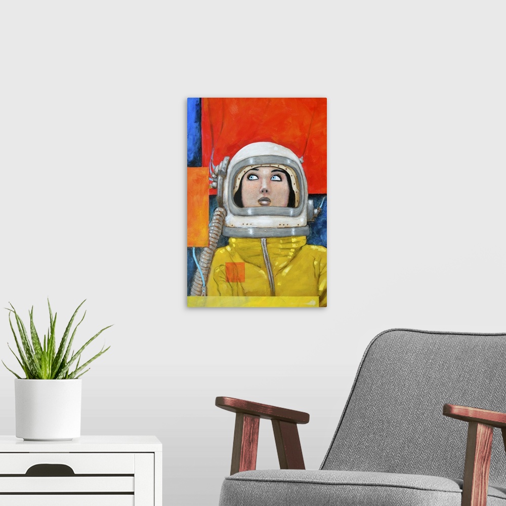 A modern room featuring Illustration of a woman wearing a retro space suit in primary colors.