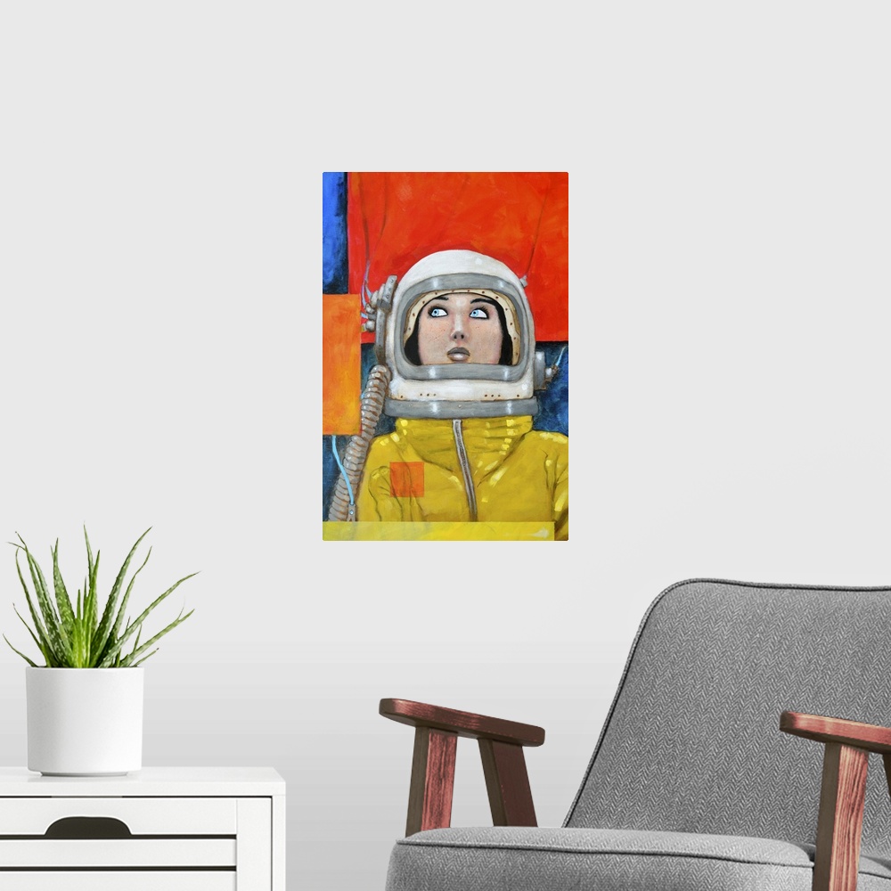 A modern room featuring Illustration of a woman wearing a retro space suit in primary colors.