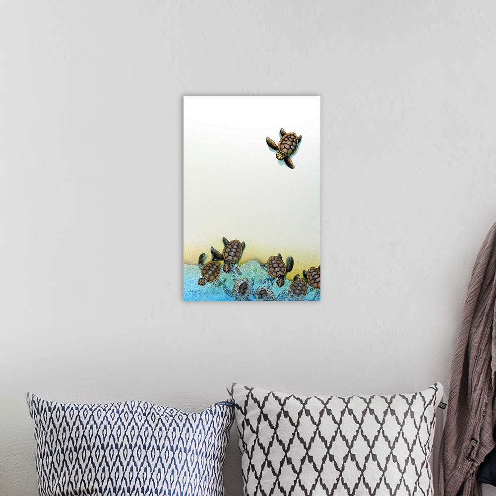 A bohemian room featuring Baby sea turtles entering the ocean