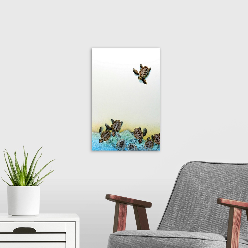 A modern room featuring Baby sea turtles entering the ocean