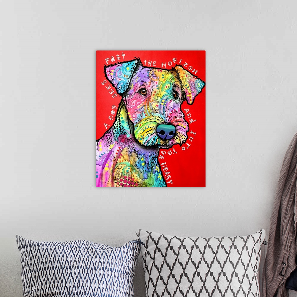 A bohemian room featuring "A Dog Sees Past the Horizon and Into Your Heart" handwritten around a colorful Airedale dog with...