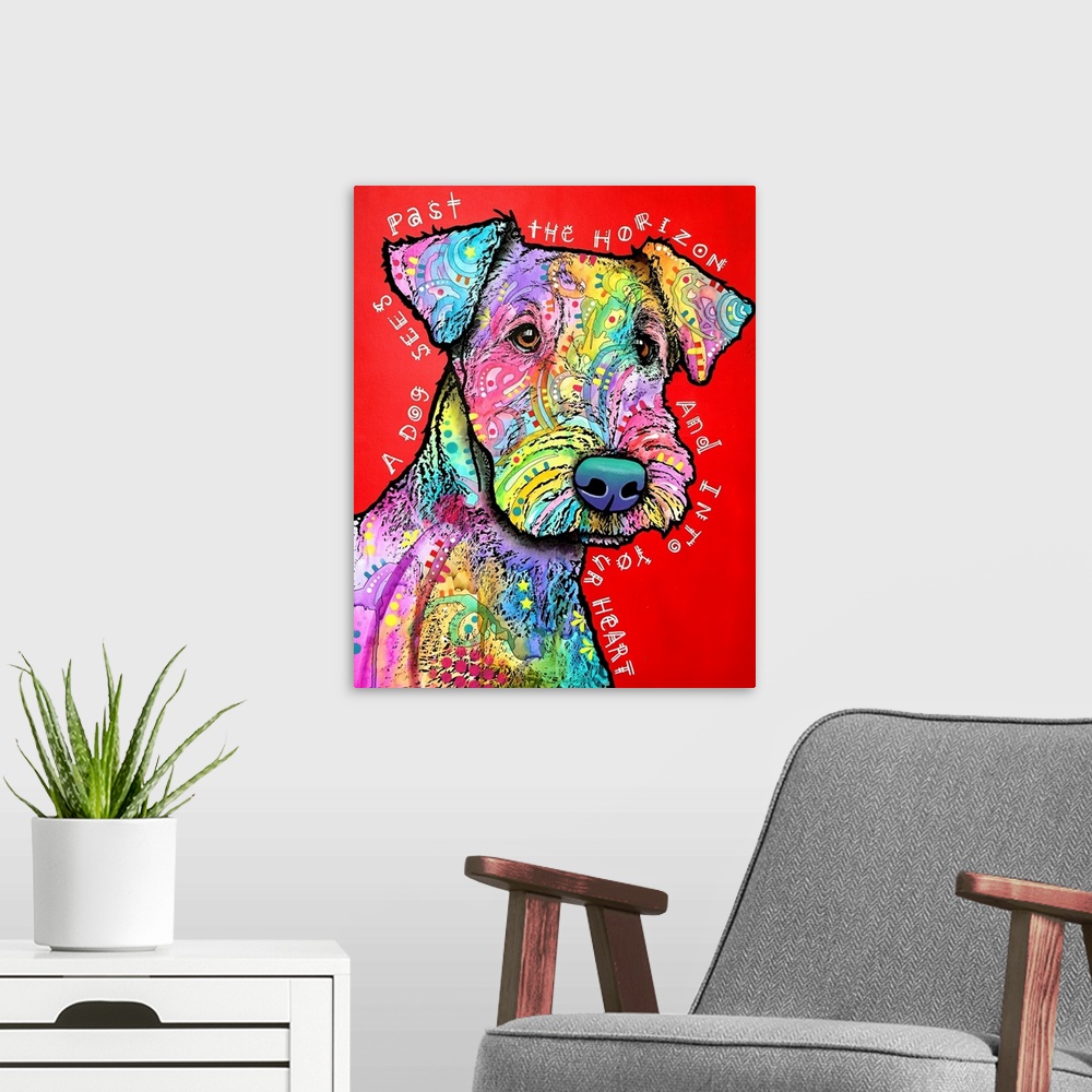 A modern room featuring "A Dog Sees Past the Horizon and Into Your Heart" handwritten around a colorful Airedale dog with...