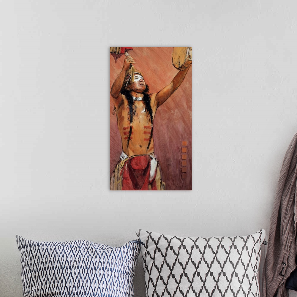 A bohemian room featuring Contemporary western theme painting of a native American in traditional and ceremonial dress.