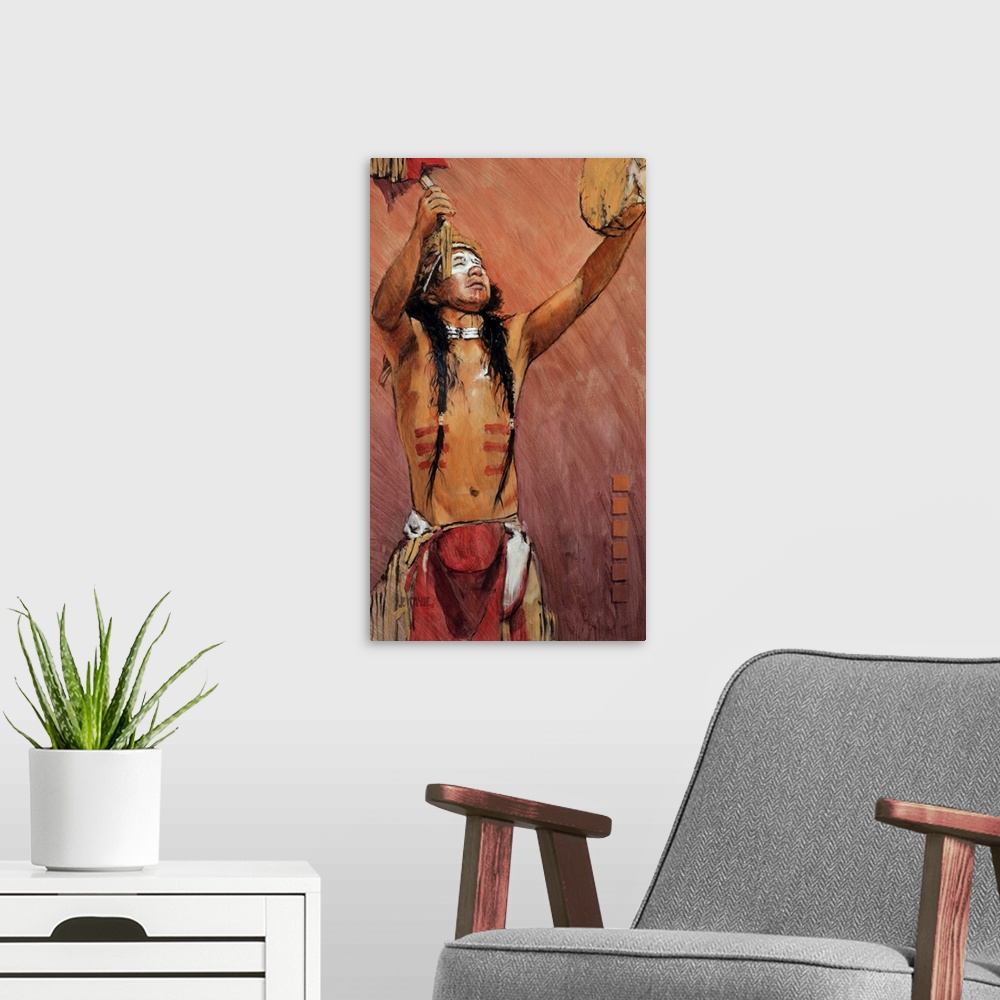 A modern room featuring Contemporary western theme painting of a native American in traditional and ceremonial dress.