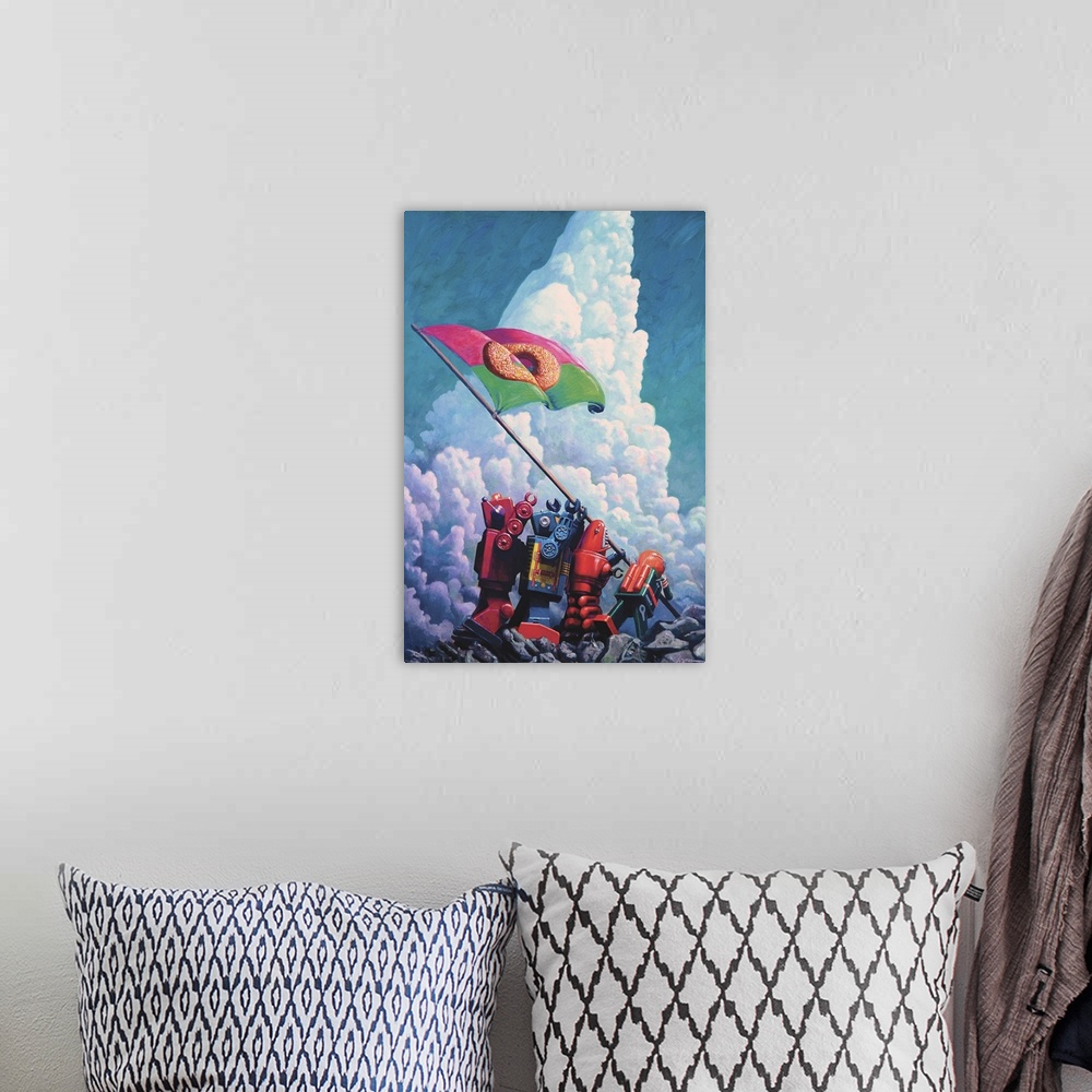 A bohemian room featuring A contemporary painting of four retro toy robots raising a flag with a donut on it recreating an ...