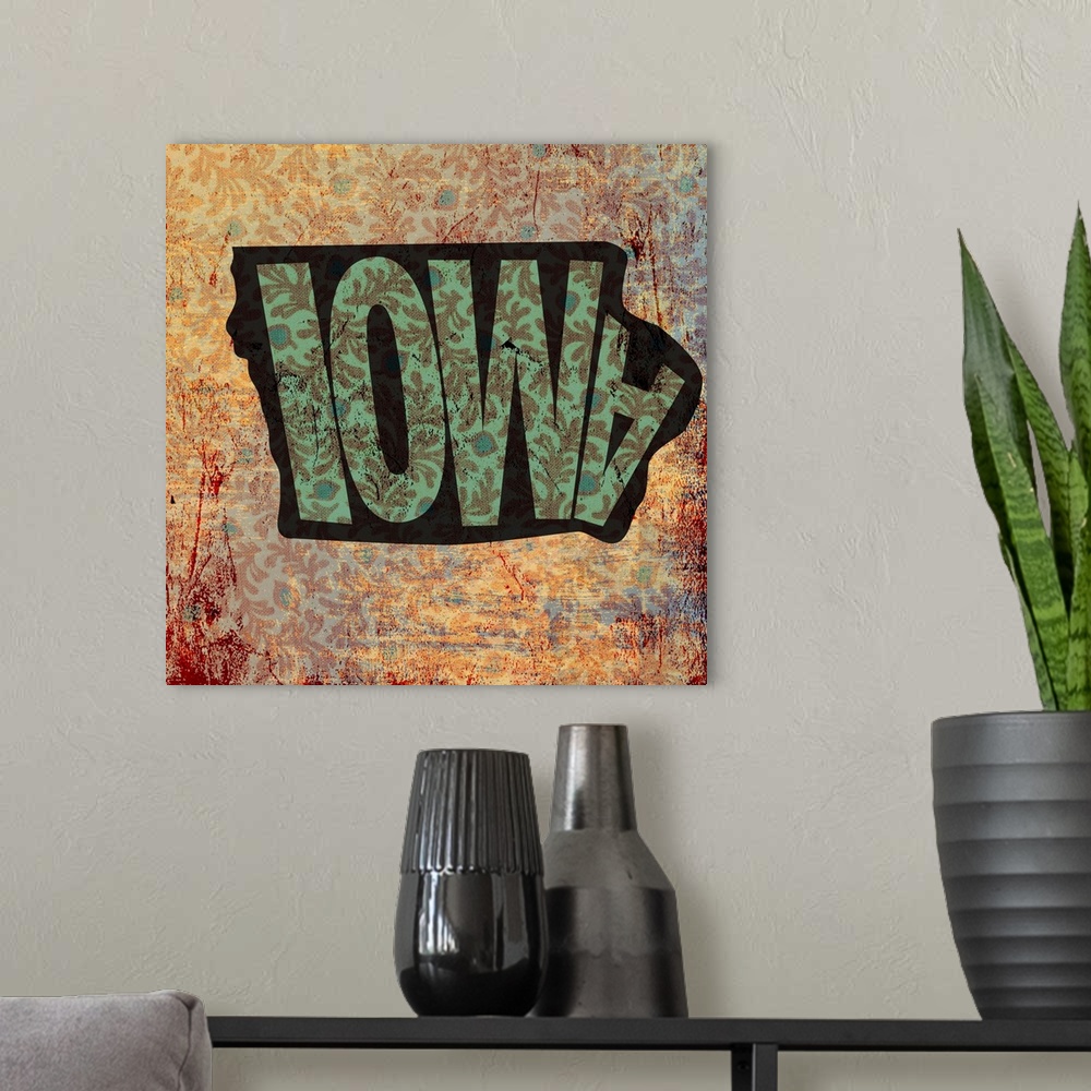 A modern room featuring Contemporary typography art of a state outline against a grungy distressed background.