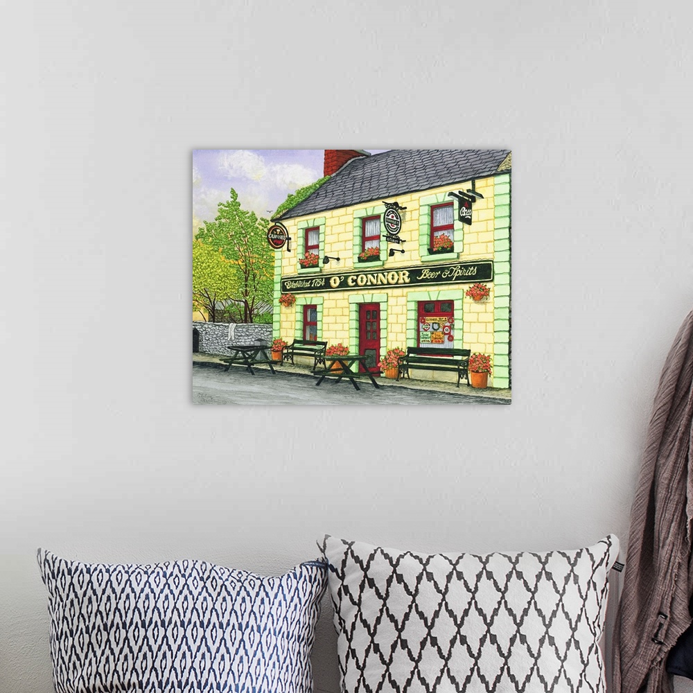 A bohemian room featuring Contemporary painting of an old Irish pub.