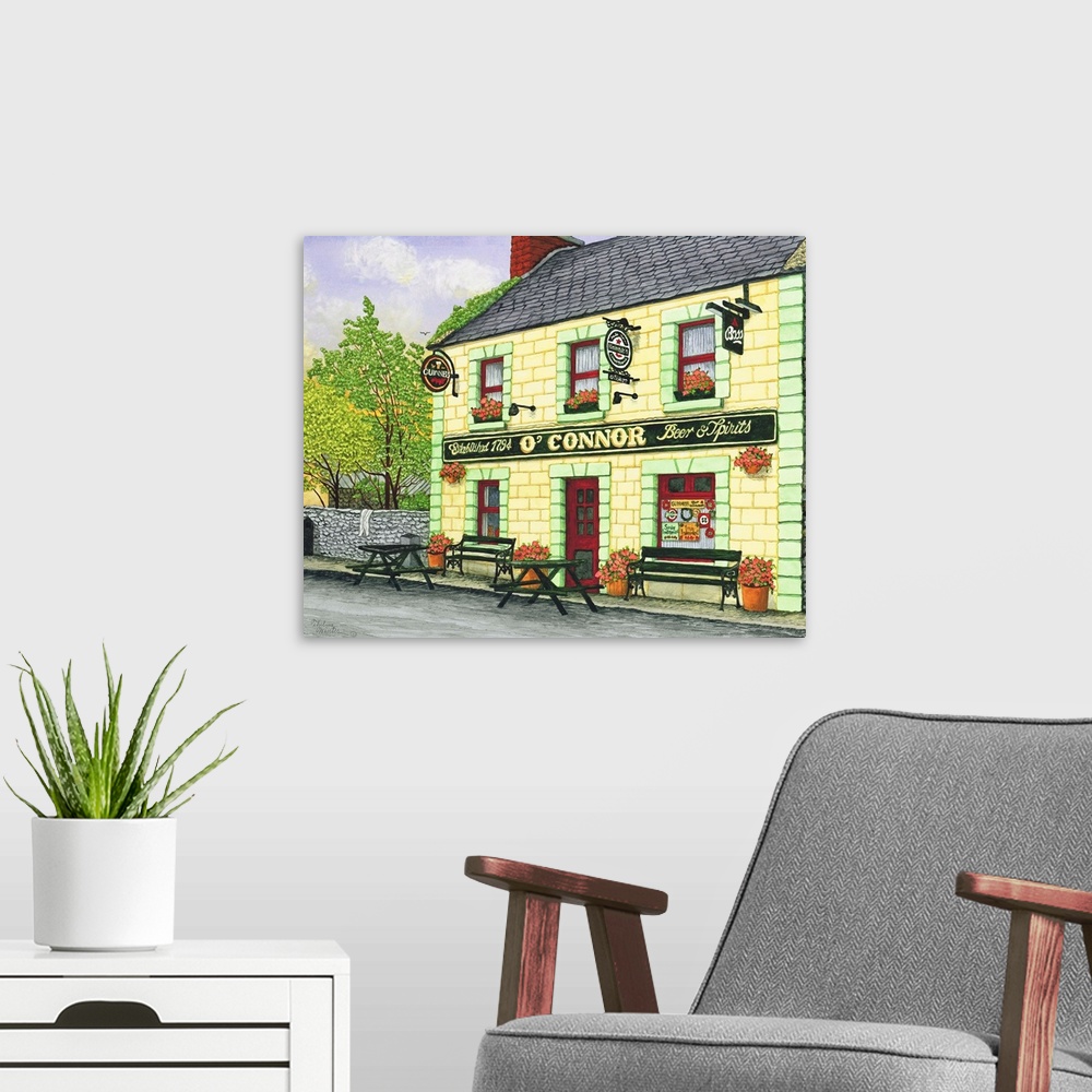 A modern room featuring Contemporary painting of an old Irish pub.