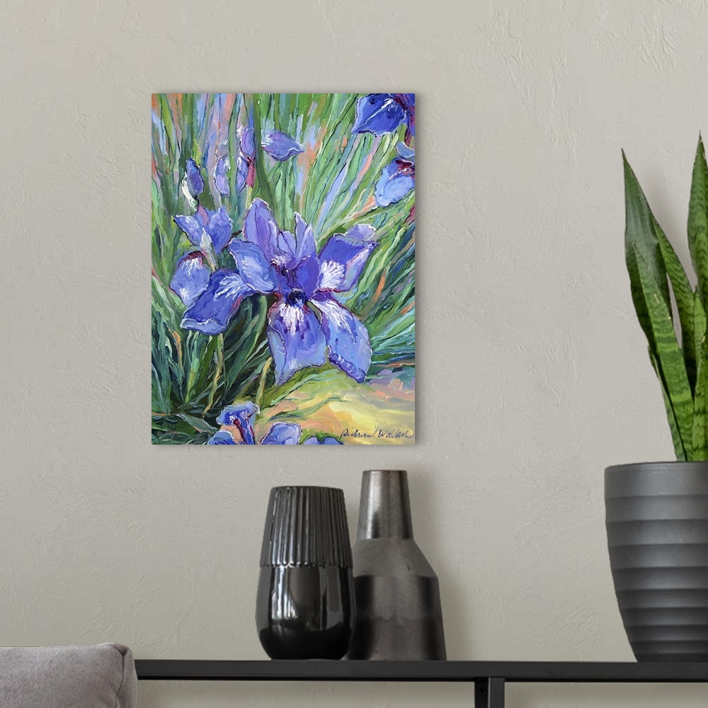 A modern room featuring Painting of purple iris's.