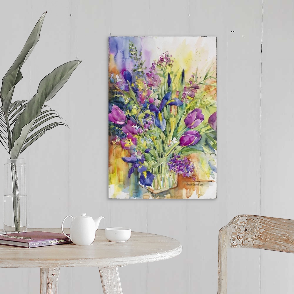 A farmhouse room featuring Contemporary watercolor painting of flowers.