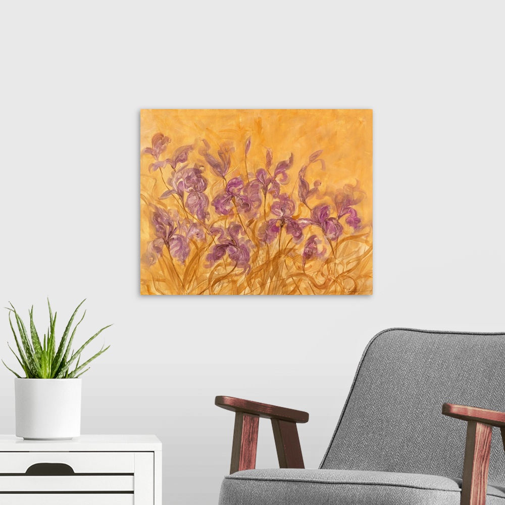 A modern room featuring Contemporary painting of a group of irises.