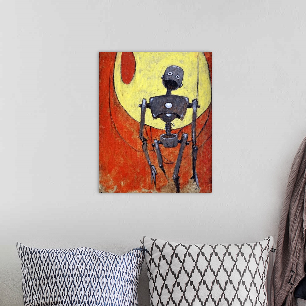 A bohemian room featuring Illustration of a tall metal robot against red and yellow.