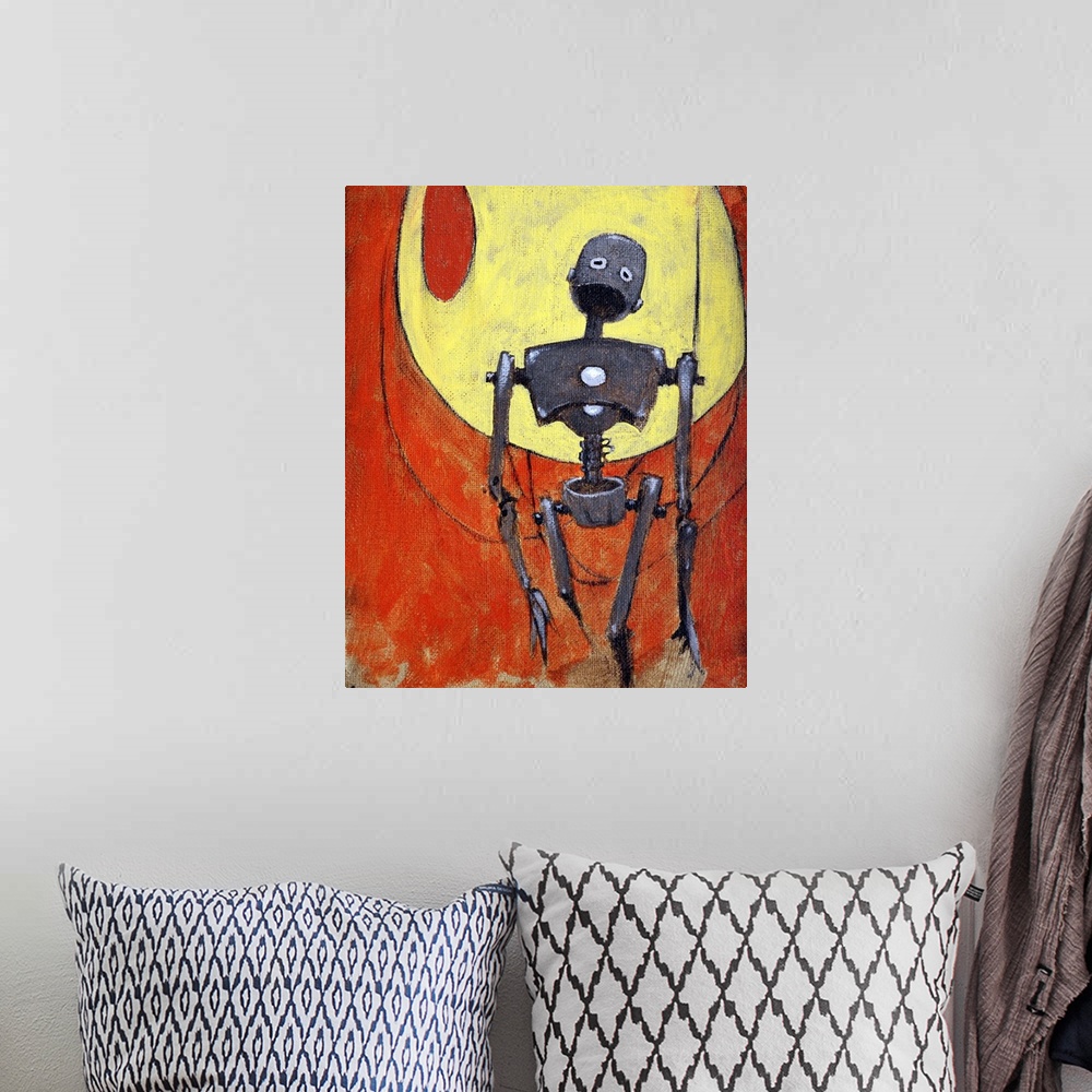 A bohemian room featuring Illustration of a tall metal robot against red and yellow.