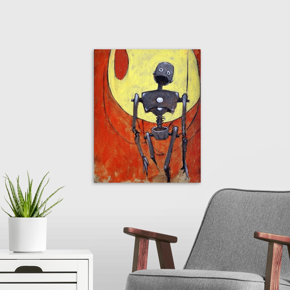 A modern room featuring Illustration of a tall metal robot against red and yellow.