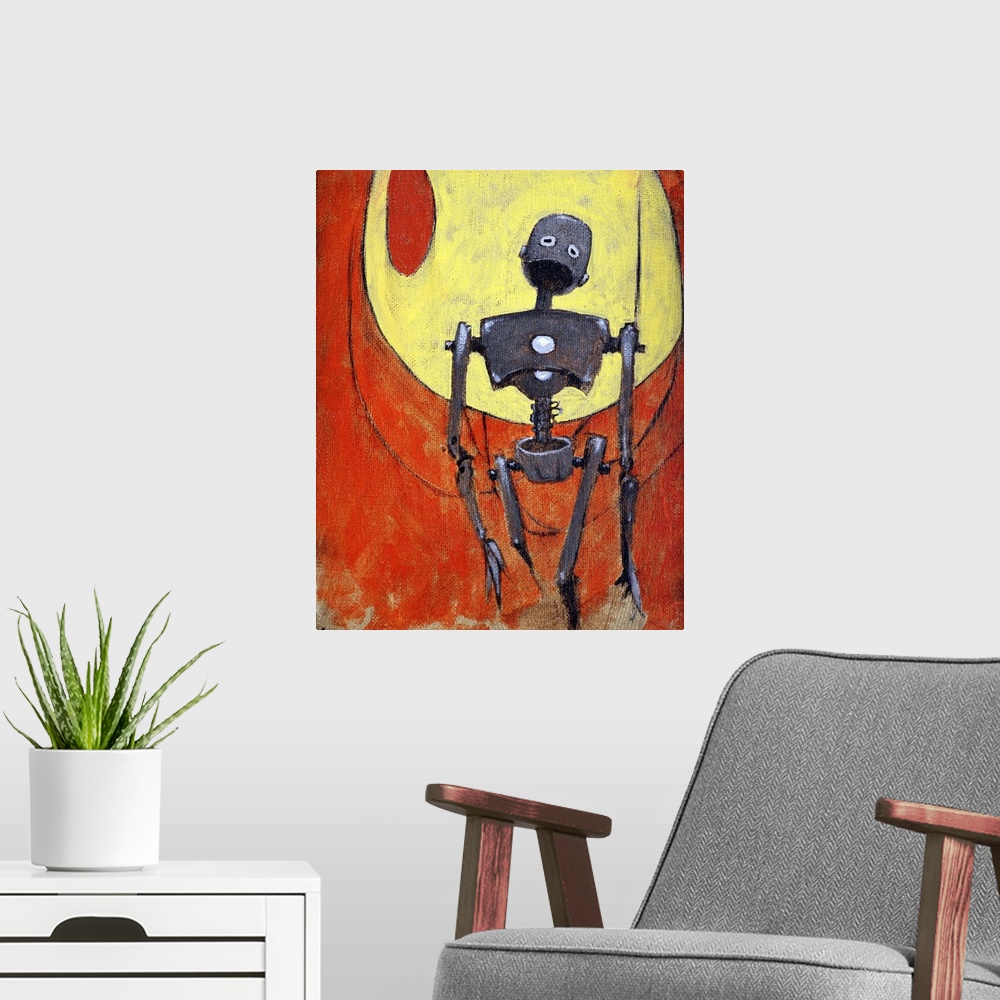 A modern room featuring Illustration of a tall metal robot against red and yellow.