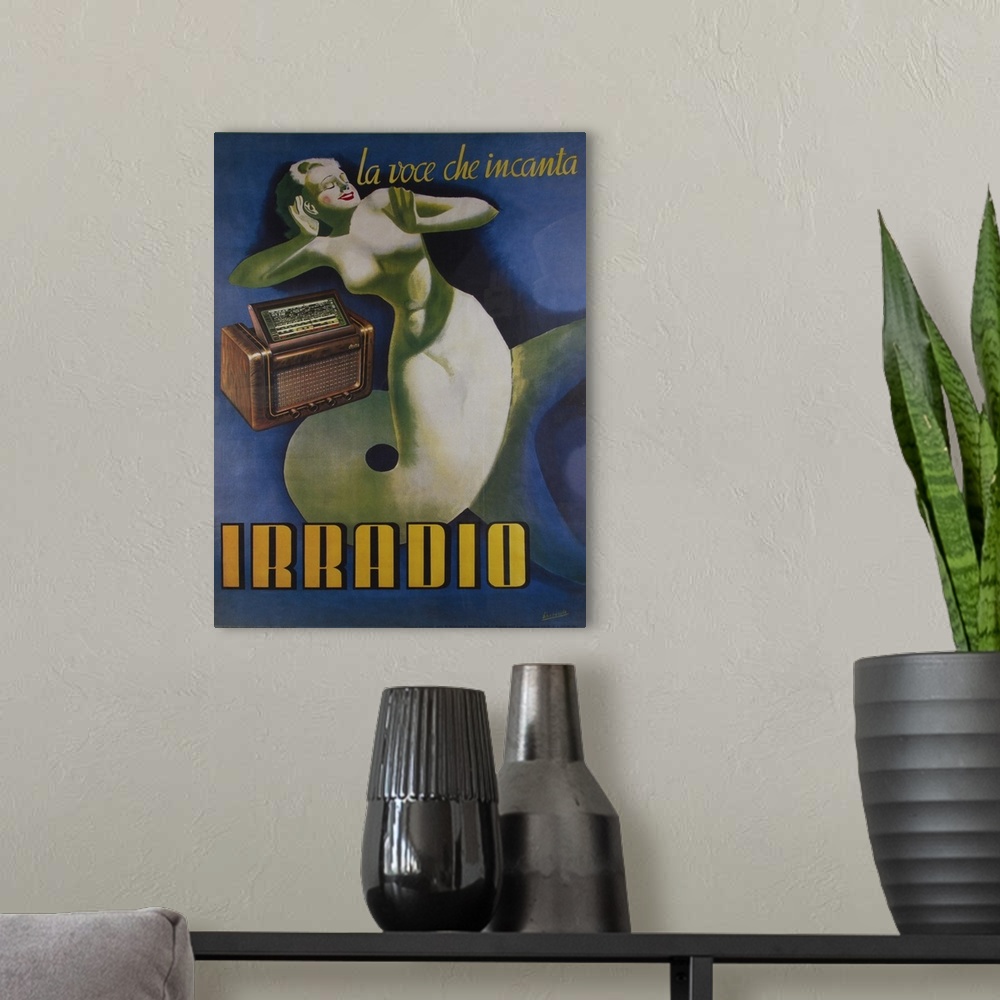A modern room featuring Vintage poster advertisement for Irradio.