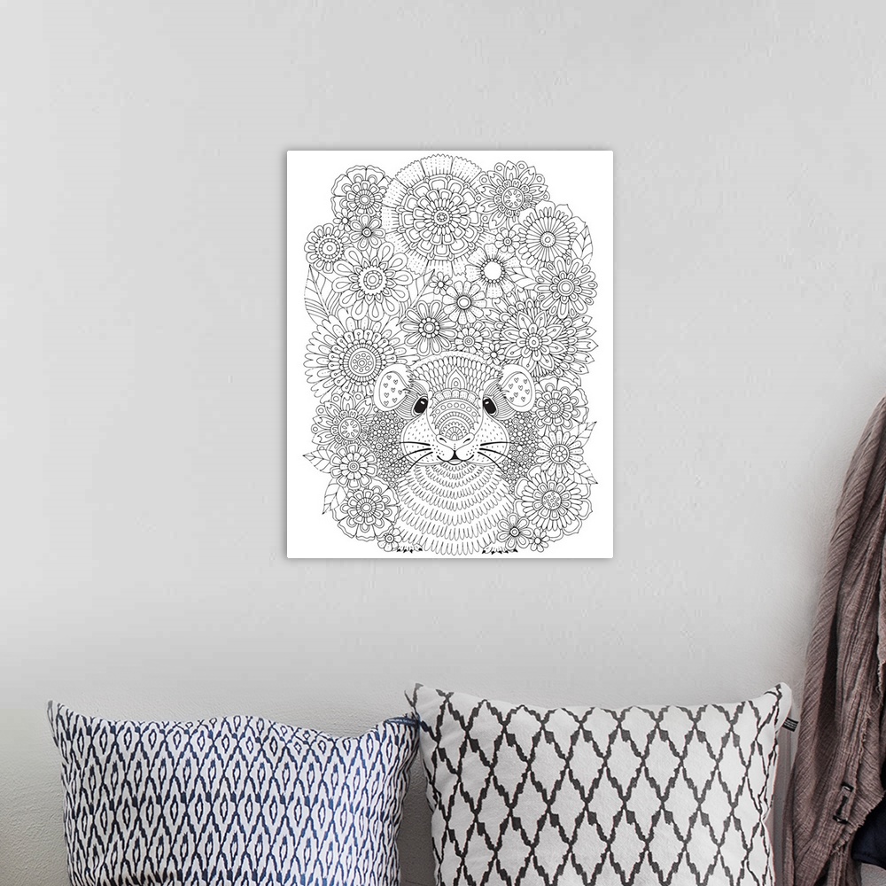 A bohemian room featuring Black and white line art of a quokka surrounded by flowers.