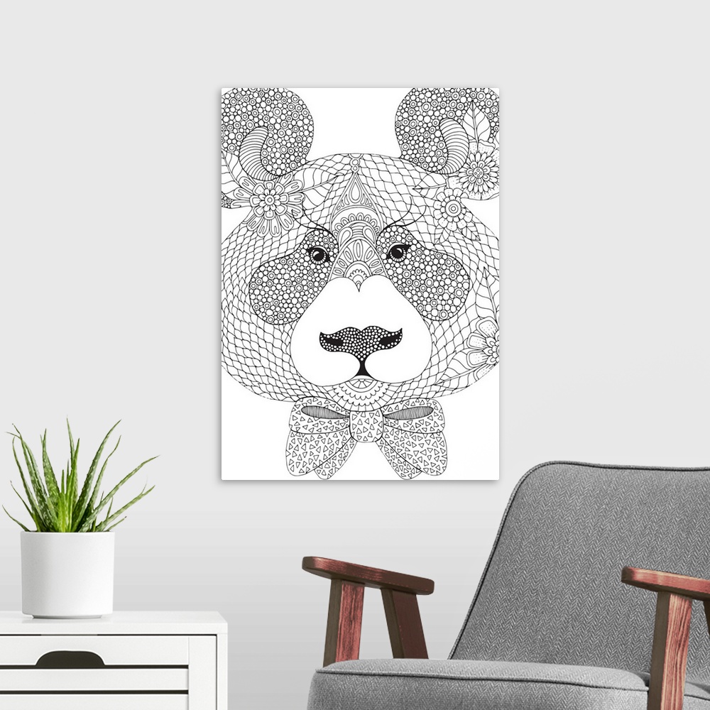 A modern room featuring Black and white line art of a uniquely designed bear wearing a bow tie.