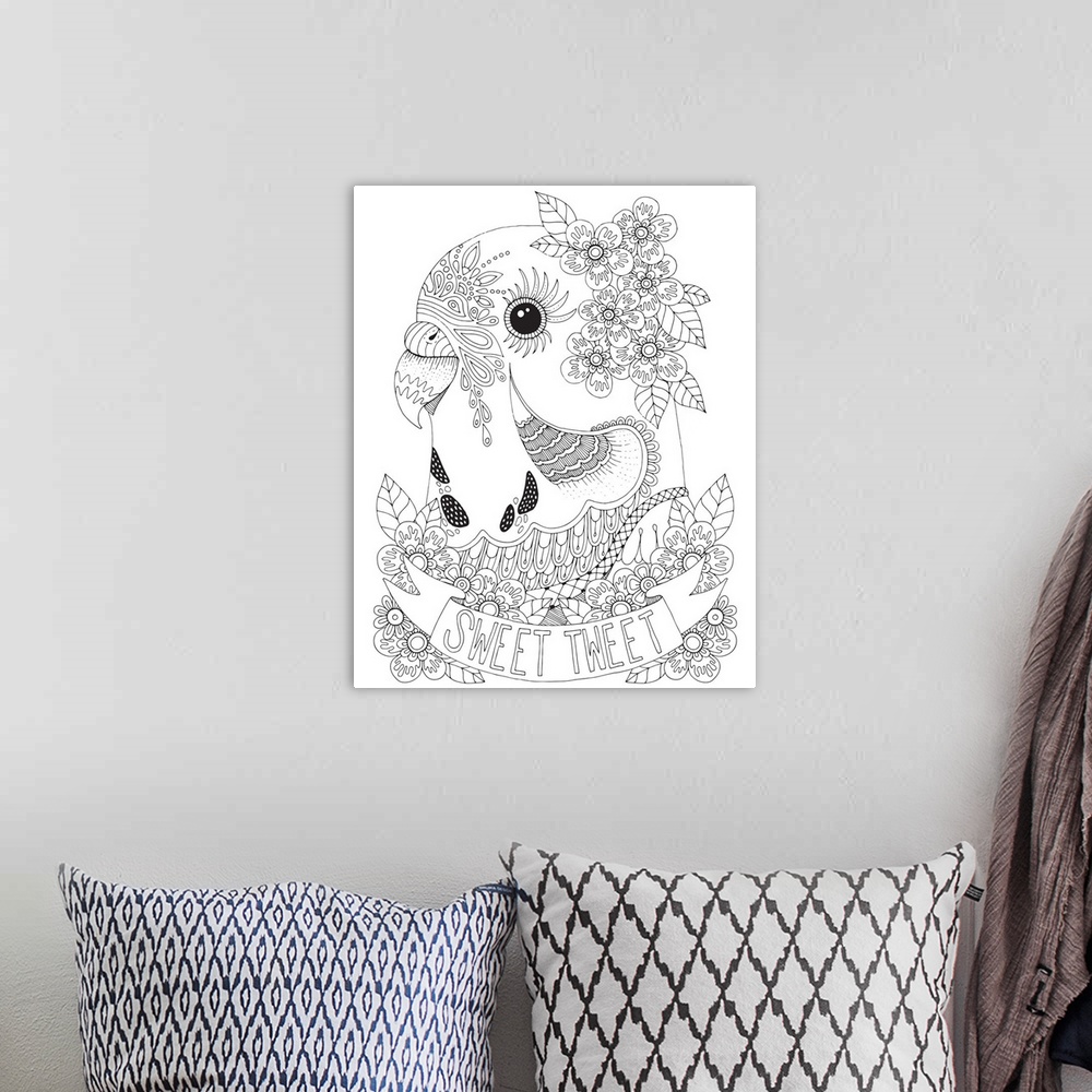 A bohemian room featuring Black and white line art of a parakeet surrounded by flowers with a banner that has the phrase "S...