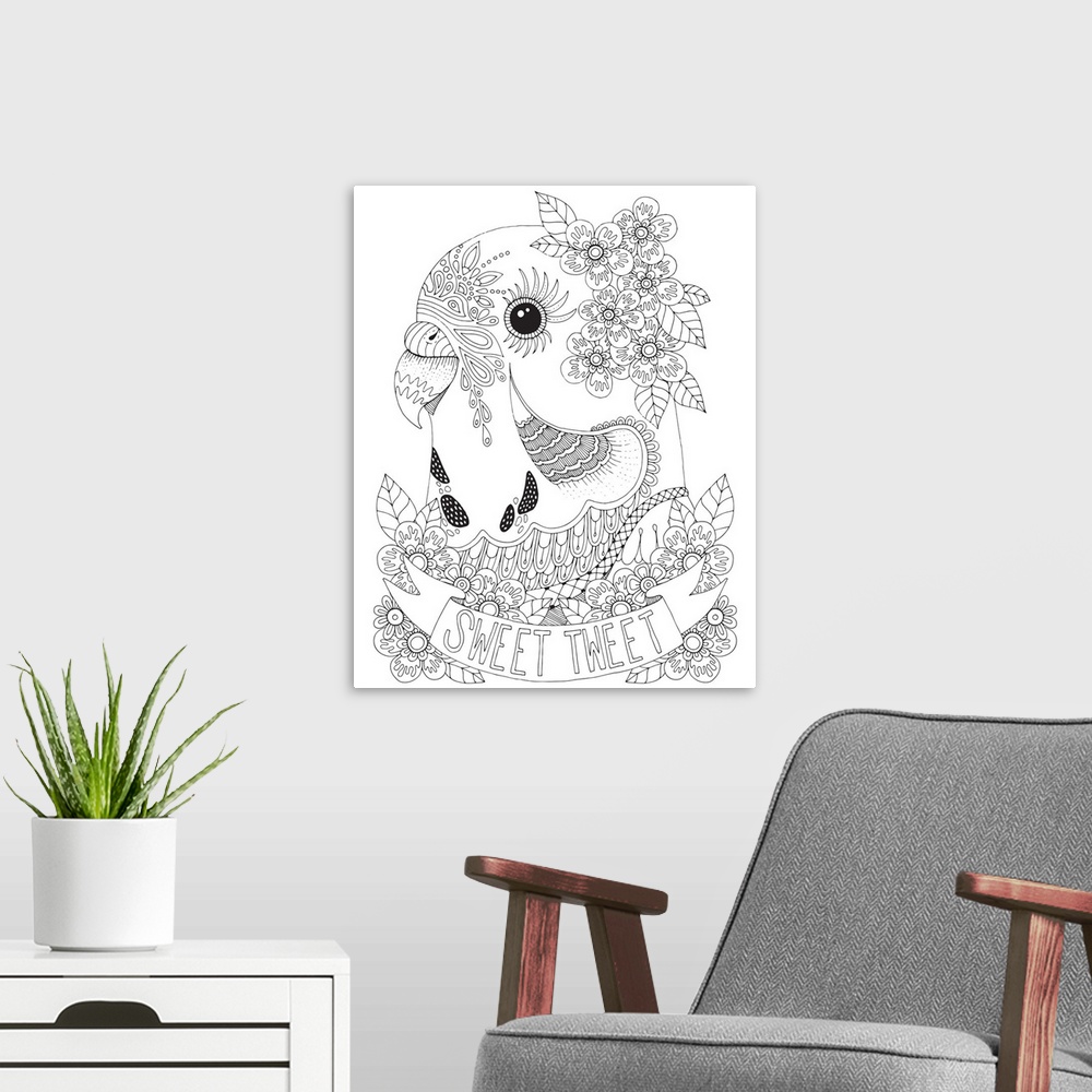 A modern room featuring Black and white line art of a parakeet surrounded by flowers with a banner that has the phrase "S...