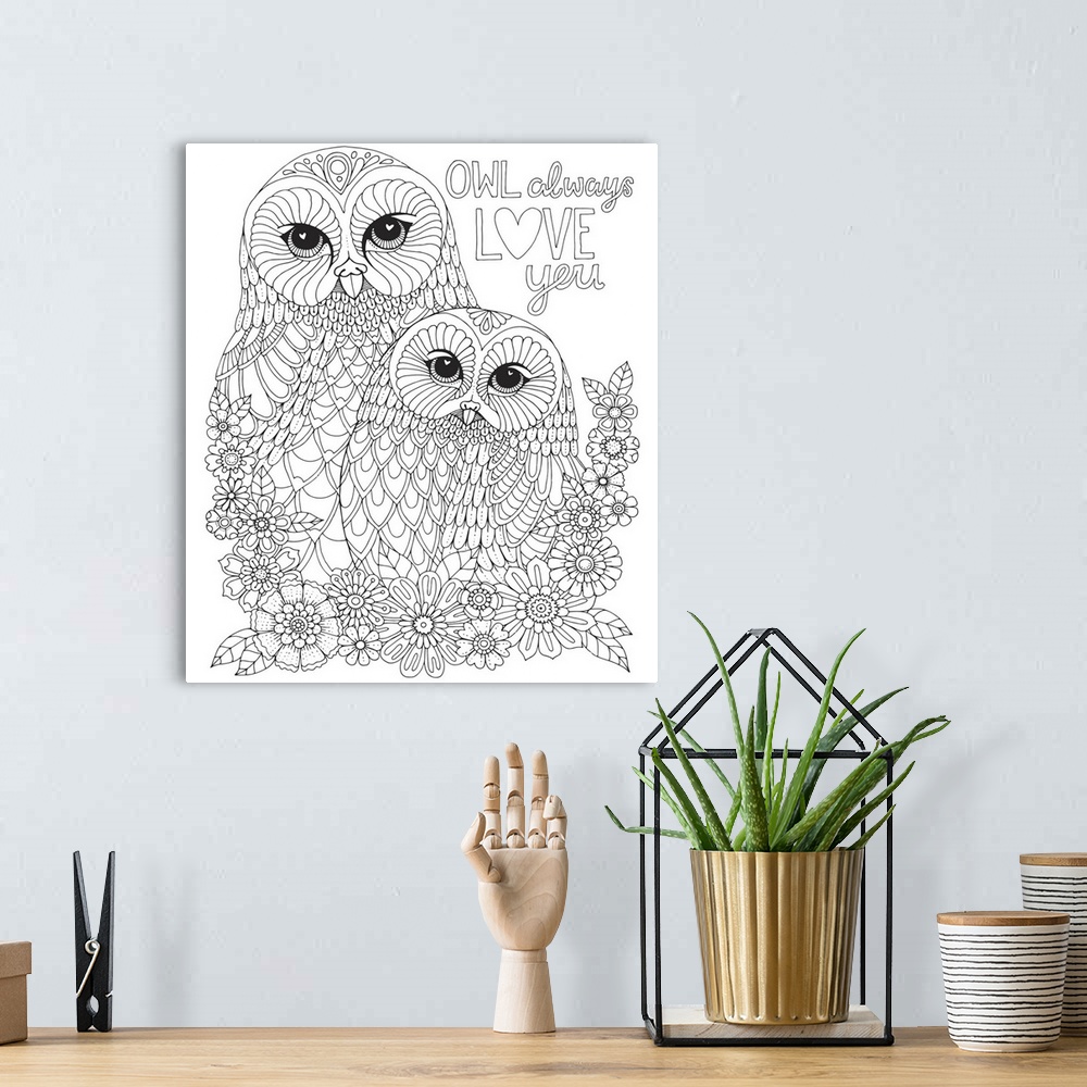 A bohemian room featuring Black and white line art of two owls surrounded by flowers with the phrase "Owl Always Love You" ...