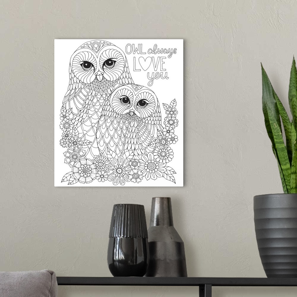 A modern room featuring Black and white line art of two owls surrounded by flowers with the phrase "Owl Always Love You" ...