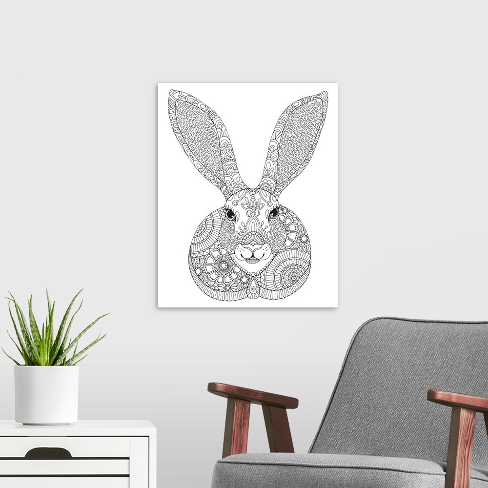 A modern room featuring Black and white line art of an intricately designed rabbit with long ears.