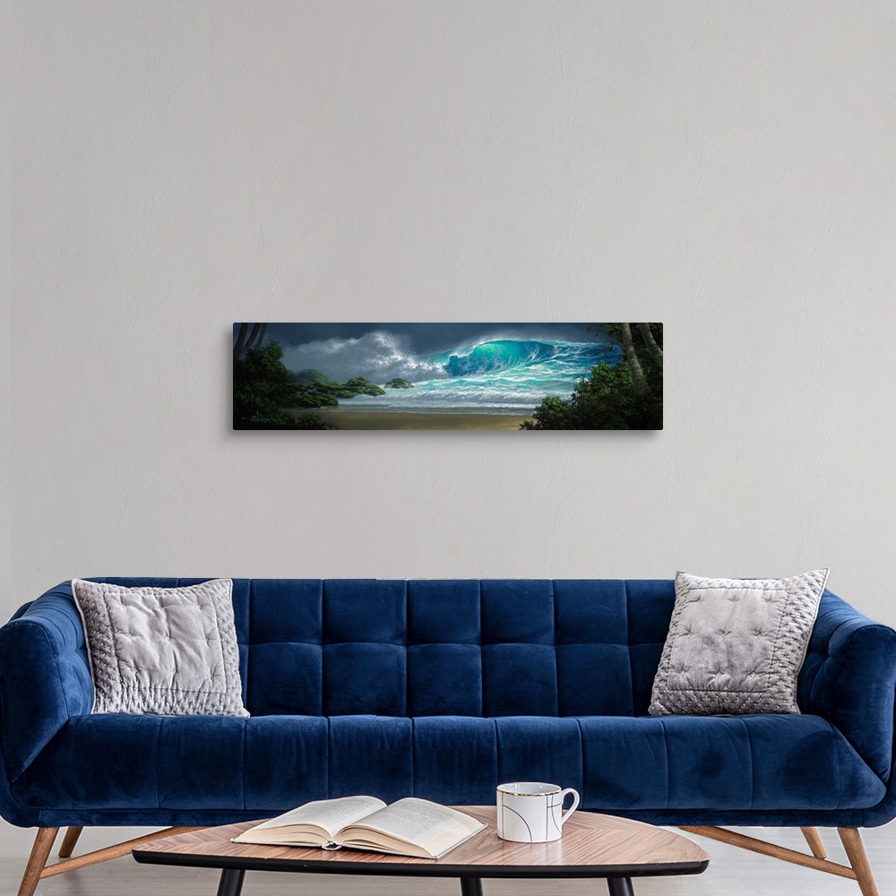 A modern room featuring A scenic painting of a tropical coastal landscape at night.