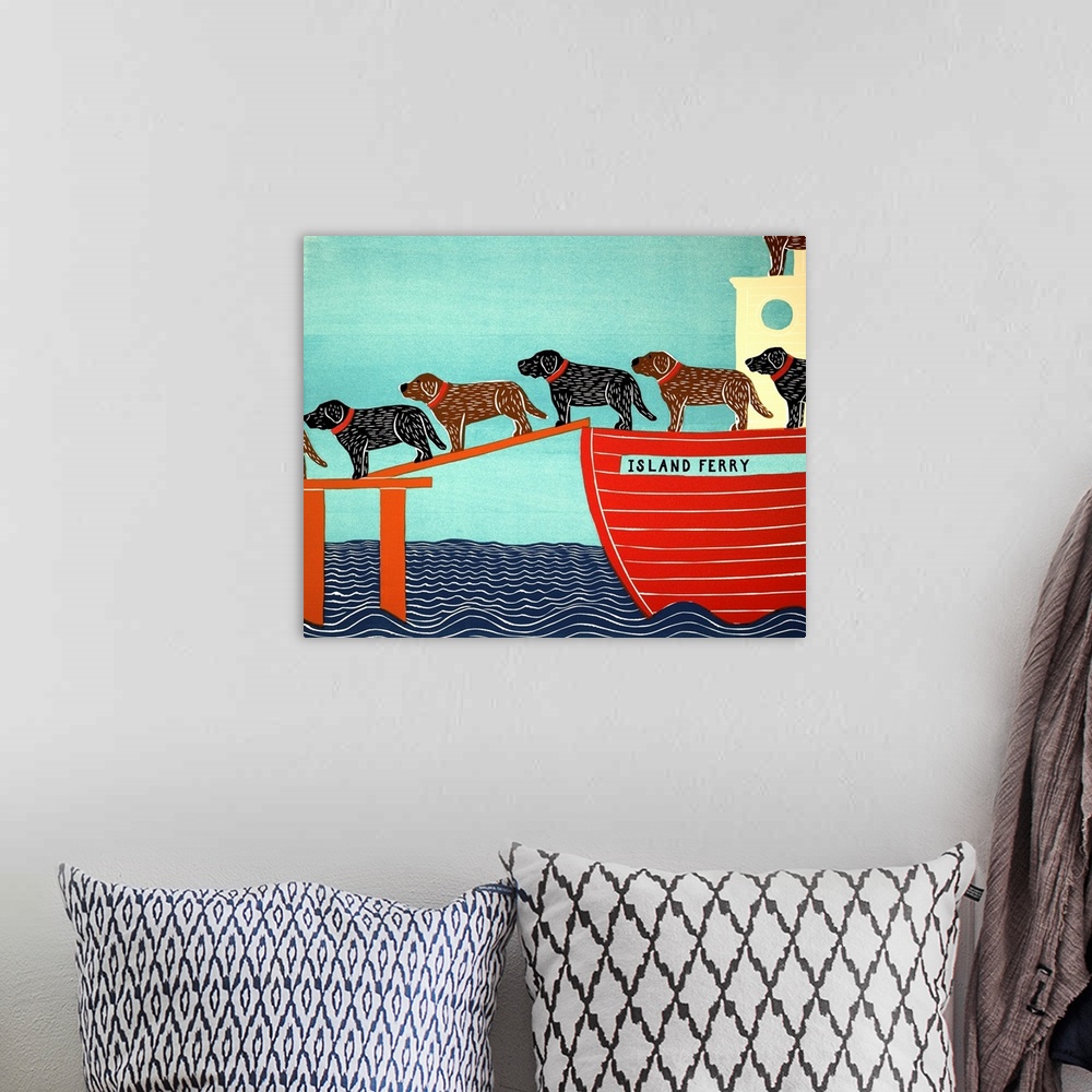 A bohemian room featuring Illustration of a pattern of black and chocolate labs walking off of a ferry named the "Island Fe...