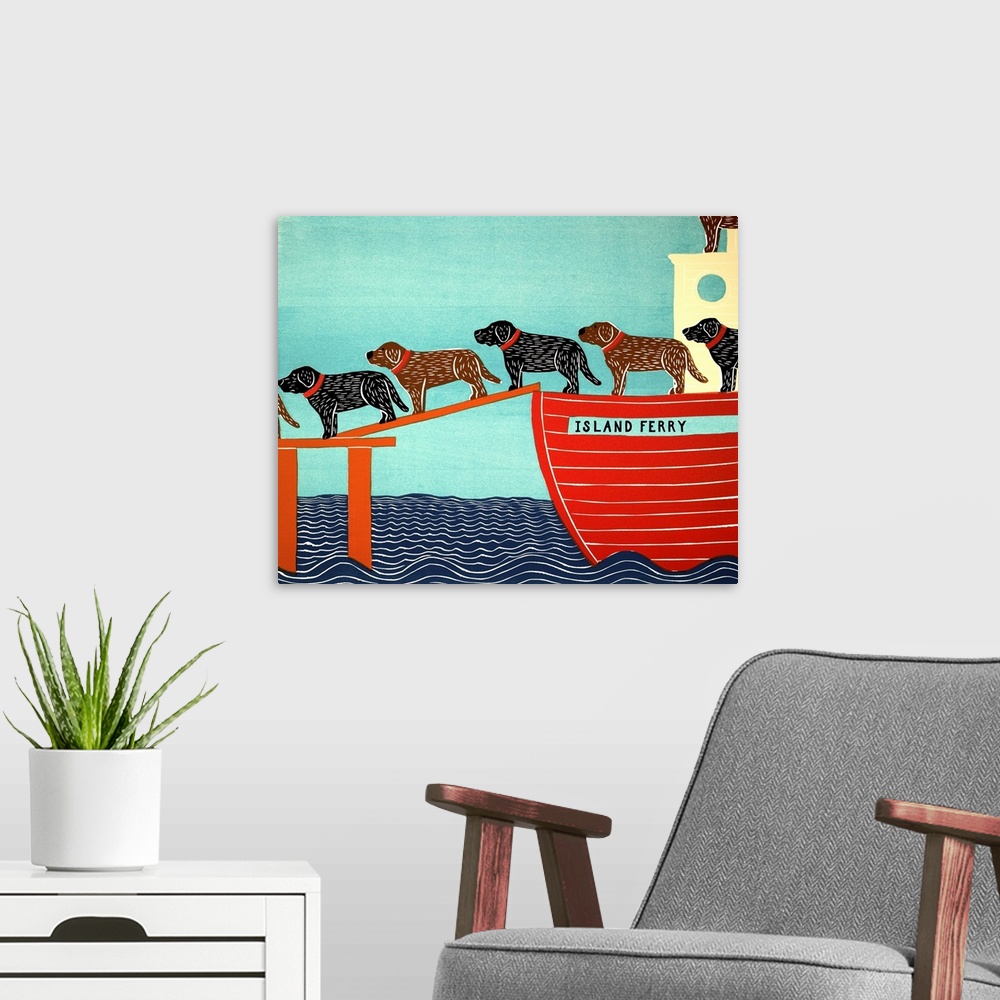 A modern room featuring Illustration of a pattern of black and chocolate labs walking off of a ferry named the "Island Fe...