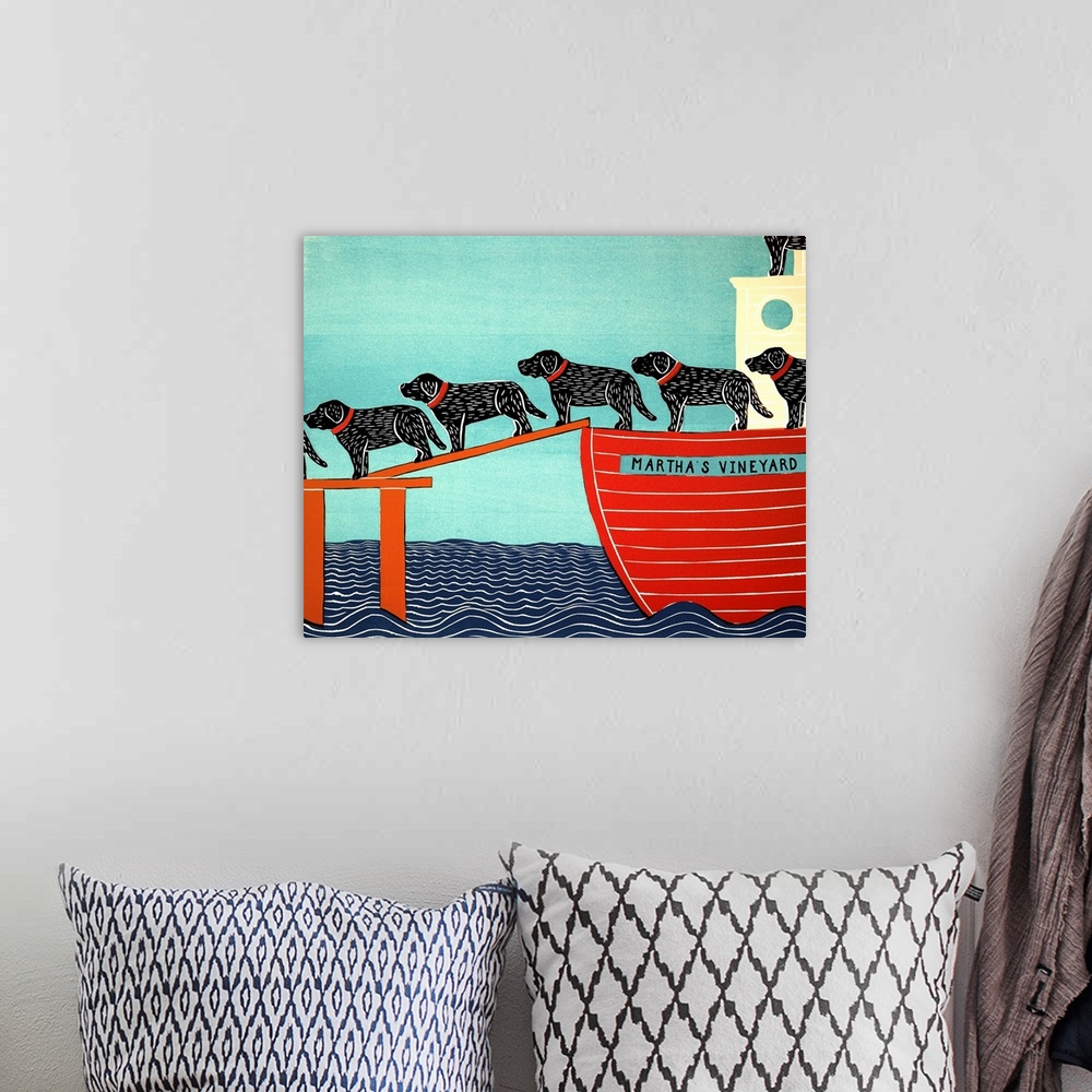 A bohemian room featuring Illustration of a pattern of black and chocolate labs walking off of a Martha's Vineyard ferry.